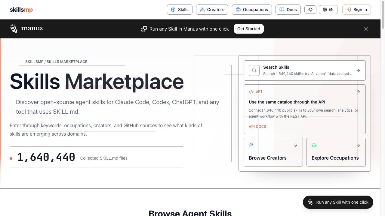 Skillsmp 聚合35万+开源技能，一站式Agent技能市场